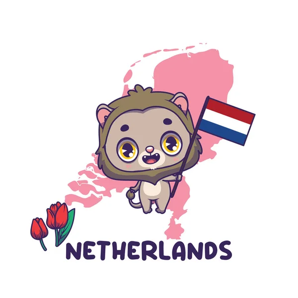 National Animal Lion Holding Flag Netherlands National Flower Tulip Displayed — Stock Vector