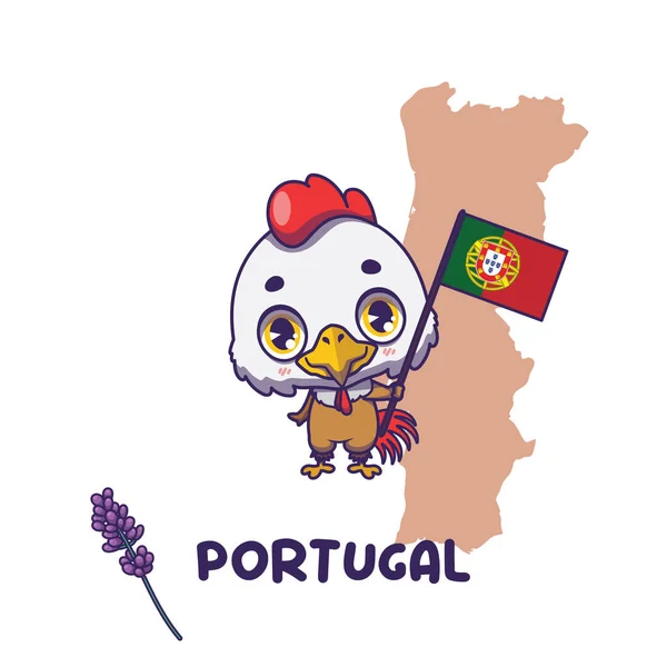 Galo Animal Nacional Com Bandeira Portugal Lavanda Flor Nacional Exibida — Vetor de Stock