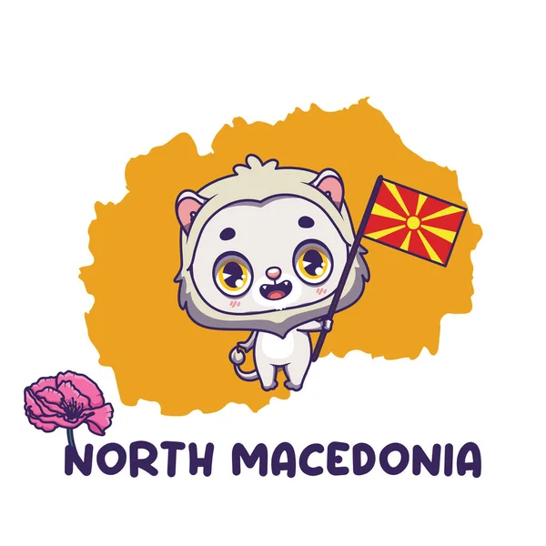Kuzey Makedonya Bayrağını Taşıyan Ulusal Macar Aslanı Ulusal Çiçek Gelinciği — Stok Vektör