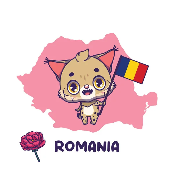 National Animal Lynx Holding Flag Romania National Flower Peony Displayed — Stock Vector