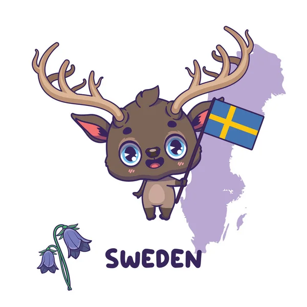 Łoś Narodowy Posiadający Banderę Szwecji Narodowy Kwiat Zając Wyświetlany Dole — Wektor stockowy
