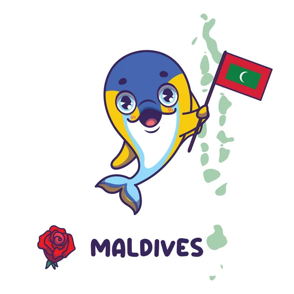 モルディブの国旗を掲揚するナショナル アニマル イエローフィン マグロ 左下に国花が咲きます ストックベクター