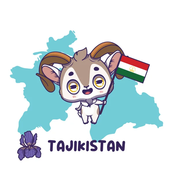 タジキスタンの国旗を掲げた国立動物マルコ ポーロの羊 左下に国花花菖蒲 ロイヤリティフリーストックベクター