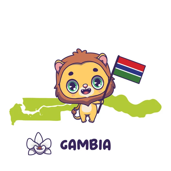 ガンビアの国旗を掲げた国立動物ライオン 左下に国花白品種蘭が現れます ロイヤリティフリーストックベクター