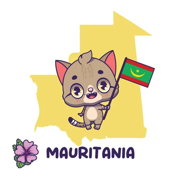 Nationale Afrikaanse Wilde Kat Met Vlag Van Mauritanië Nationale Bloem Rechtenvrije Stockillustraties