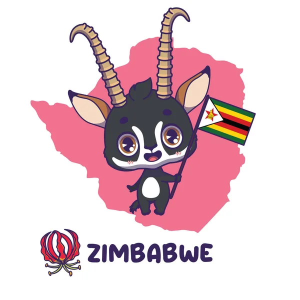 Narodowa Antylopa Soboli Zwierzęcych Flagą Zimbabwe Narodowy Kwiat Płomień Lilia Ilustracje Stockowe bez tantiem