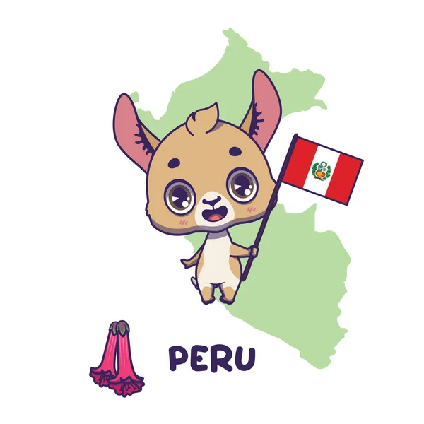 Nationale Dier Vicuna Met Vlag Van Peru Nationale Bloem Cantua Stockvector