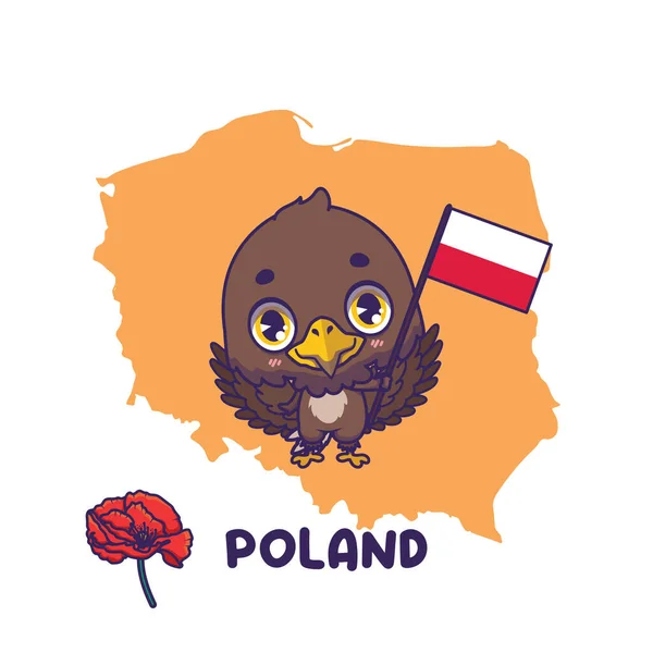 ポーランドの国旗を掲げる白尾ワシ 左下に国花ポピーが飾られています ストックベクター