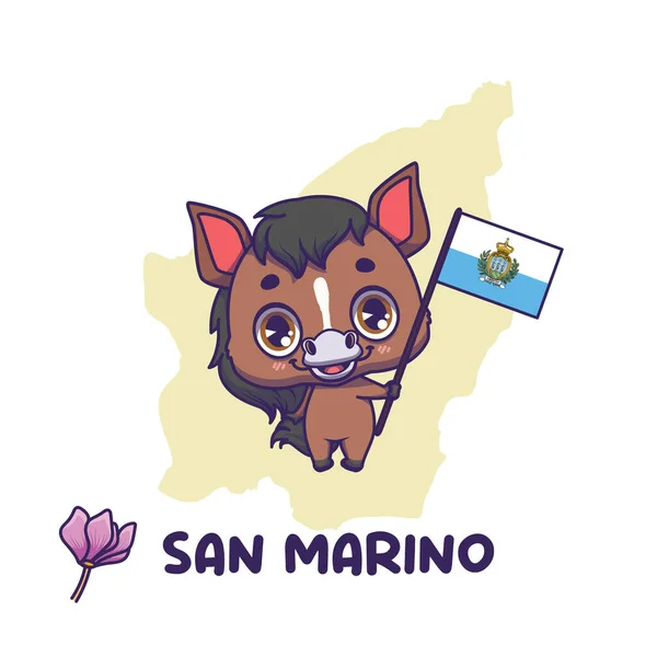 Koń Narodowy Trzymający Flagę San Marino Cyklamen Kwiat Narodowy Wyświetlany Wektory Stockowe bez tantiem