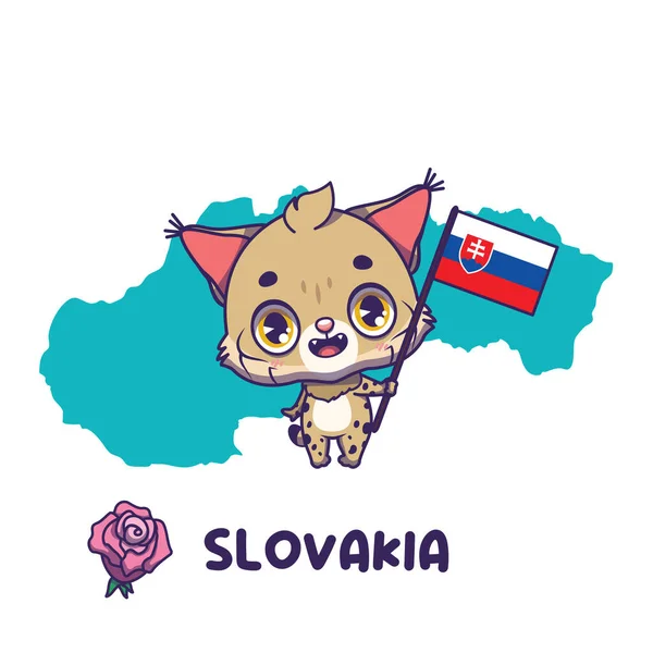 National Animal Lynx Holding Flag Slovakia National Flower Pink Rose Vector Graphics
