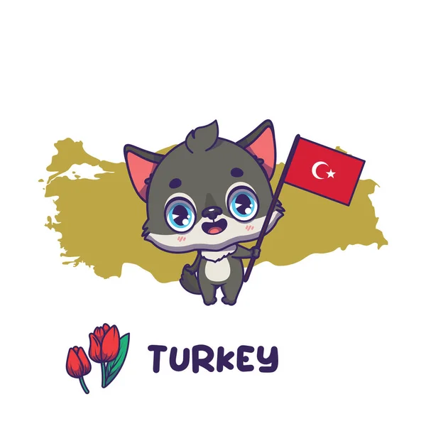 National Animal Grey Wold Holding Flag Turkey National Flower Tulip Vector Graphics
