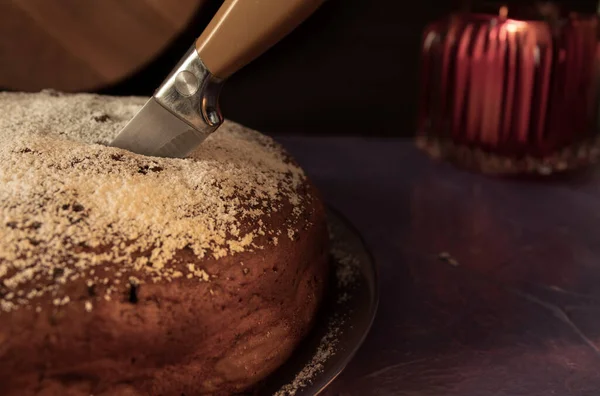 Kek Bir Bıçakla Kesilir Pudra Şekerli Tatlı Hamur Tatlısı Yapımı — Stok fotoğraf