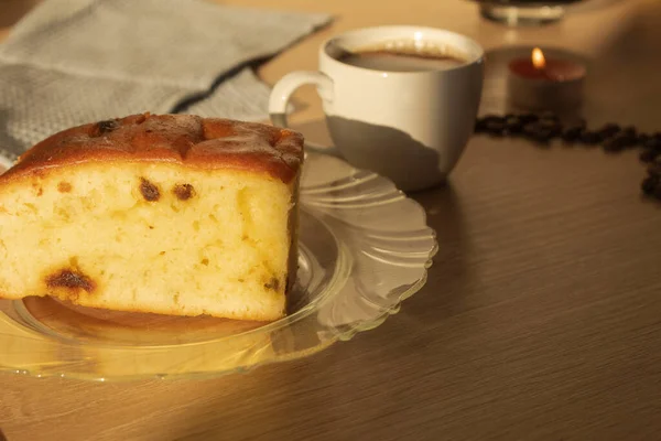 Ранковий Сніданок Шматочок Торта Або Кексу Чашка Вареної Кави — стокове фото