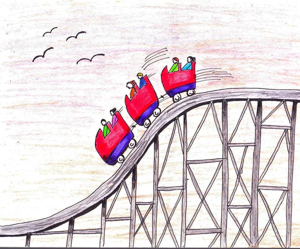 Sketch Drawing Colored Pencils Paper Hand People Roller Coaster Motion — Stock Photo, Image