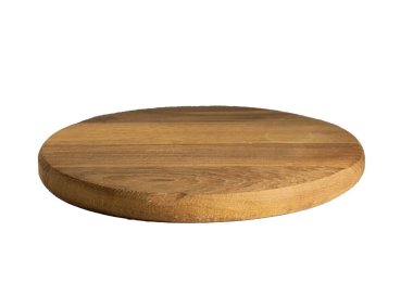 Beyaz arka planda izole edilmiş yuvarlak ahşap şekil. Çeşitli ürünlerin sunumu için konu. Minimalist stil.