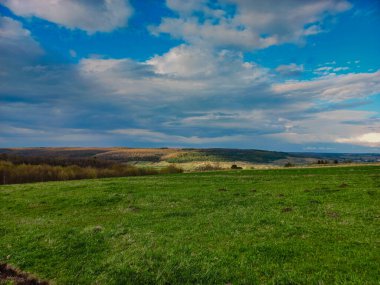 Ukrayna 'nın batısında bulutlu bir yaz gününde nefes kesici bir manzara. Yeşil çimenler ve mavi gökyüzü, uzaktaki ormanlar ve tarlalar. İnsanlar olmadan geniş ve temiz..
