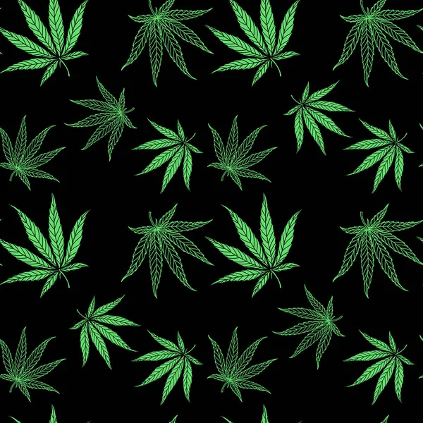 Patrón Hojas Cannabis Sobre Fondo Negro Estilo Dibujado Mano Para — Archivo Imágenes Vectoriales