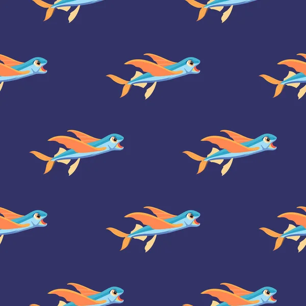 Карикатурный Рисунок Летящей Рыбы Синем Фоне Печати Обозначения Векторного Клипа — стоковый вектор