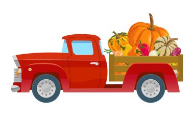 Beyaz üzerinde Pumpkins Vektör clipart ile Sonbahar Vintage Truck Set