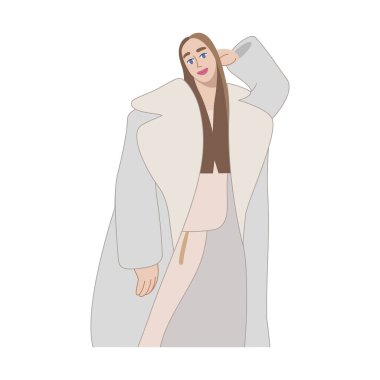 Girl model leaning against the wall in flat style for print and decoration. Vector clipart.