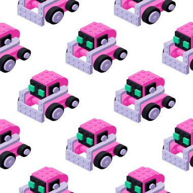 Pattern of pink cute robots in isometry. Vector illustration