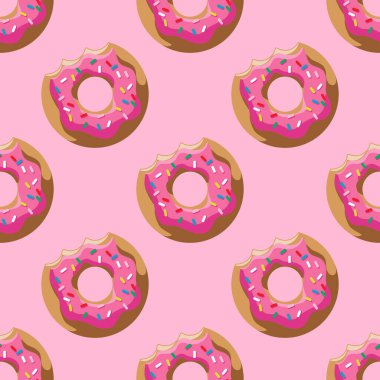 Parmak izi ve tasarım için pembe arka planda ısırılmış çörek deseni. Vektör ortamı.