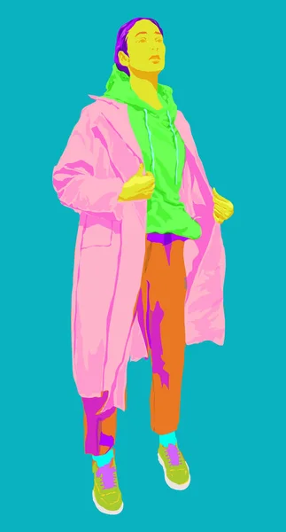 一个穿着鲜艳衣服的女孩 背景是碧绿的 在印花和设计上风格逼真 病媒群 — 图库矢量图片