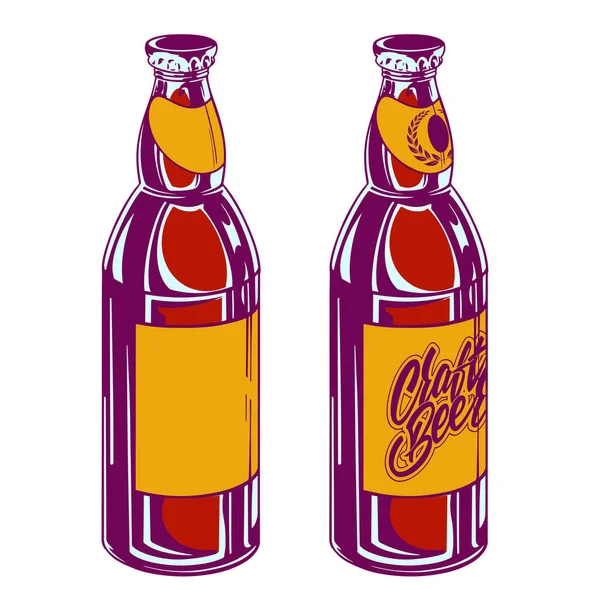 Set Von Glasflaschen Craft Beer Auf Weißem Hintergrund Popart Stil — Stockvektor