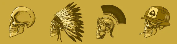 Монохромный Набор Черепов Головными Уборами Солдат Векторный Клипарт — стоковый вектор