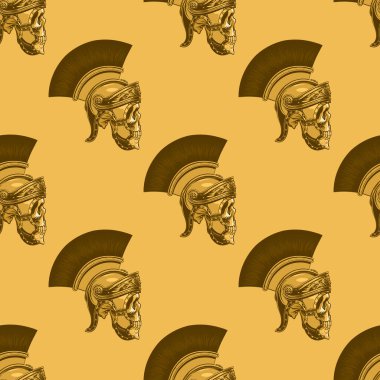 Bir gladyatör miğferindeki kurukafa tek renk desenli baskı ve tasarım için el drow tarzında. Vektör illüstrasyonu.