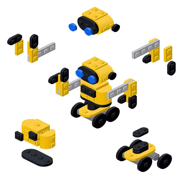 Концепція Жовтим Роботом Його Частинами Пластикових Блоків Ізометричному Стилі Друку — стоковий вектор
