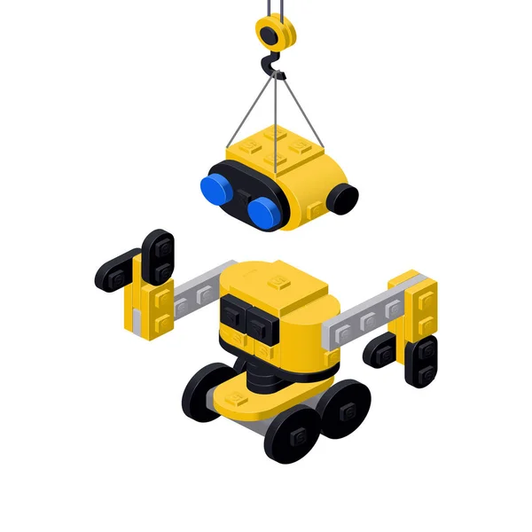 Έννοια Κίτρινο Ρομπότ Συναρμολογημένο Από Πλαστικά Τουβλάκια Ισομετρικό Στυλ Για — Διανυσματικό Αρχείο