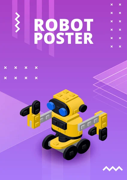 Плакат Желтым Роботом Собранным Пластиковых Блоков Изометрическом Стиле Печати Дизайна — стоковый вектор