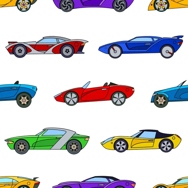 Padrão Colorido Carros Esportivos Fundo Branco Estilo Dos Desenhos Animados —  Vetores de Stock