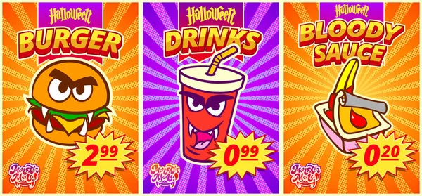 Comic Poster Set Mit Burger Drink Und Blutiger Soße Für lizenzfreie Stockvektoren