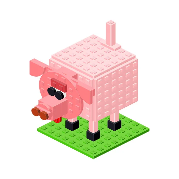粉红色猪在等距 玩具由塑料块 矢量说明 — 图库矢量图片