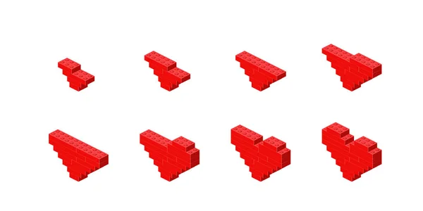 Krok Krokem Konstrukce Červeného Srdce Plastových Bloků Izometrii Vektorová Ilustrace Royalty Free Stock Vektory