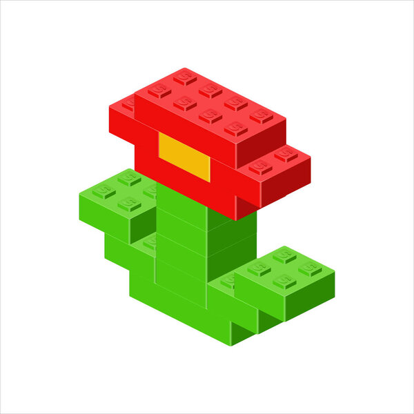 Красный цветок в изометрическом виде собран из пластиковых блоков. Векторная иллюстрация