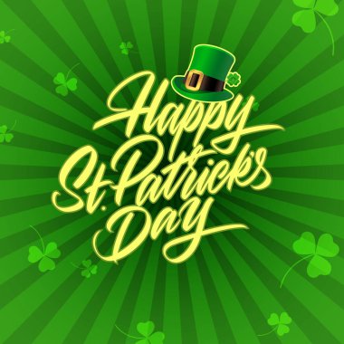 Aziz Patrick Günü tebrik kartı, yeşil pop sanatının arka planında Mutlu Patrick günleri yazısı ve leprikon şapkası. Mem ve gönderilerin kare posteri. Vektör illüstrasyonu