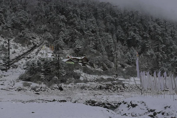 冬季美丽的积雪覆盖了云南谷地 风景秀丽的云南谷地被印度北部锡金的喜玛拉雅山脉环绕 — 图库照片