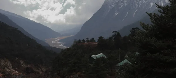 birds eye view of scenic yumthang valley, coniferous forest and snowcapped mountains, beautiful valley located in north sikkim, north east india