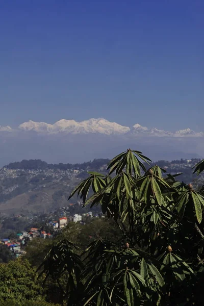 美丽的大吉岭山站 全景尽收眼底 是世界第三高峰 印度喜玛拉雅山脉白雪覆盖 — 图库照片