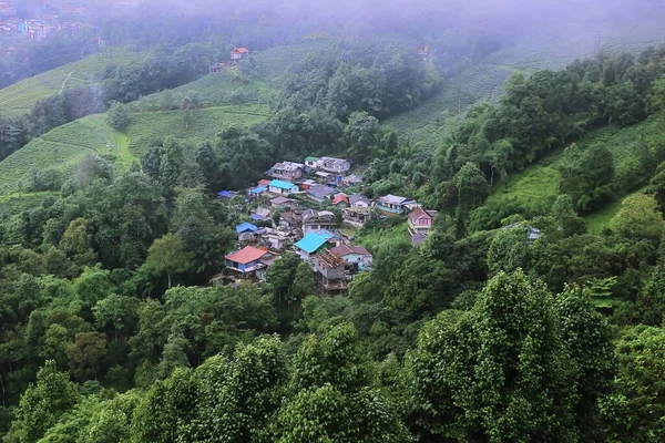 Foggy Misty Mountain Village Surrounded Lush Green Forest Wilderness Slopes — Stock Photo, Image