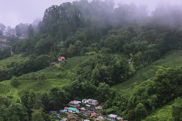 Vista Panorámica Del Pueblo Montaña Nublado Brumoso Rodeado Bosque Verde —  Fotos de Stock