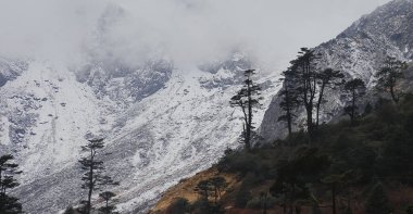 Himalaya dağlarının tepesinde kış mevsiminde nefthang vadisinin vahşi manzarası, Hindistan 'ın kuzey Sikkim' i vardı.