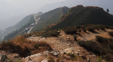 Himalaya eteklerinin dağ manzarası ve Hindistan 'ın batısındaki Darjeeling yakınlarındaki Kurseong Hill İstasyonu' nun çay bahçesi.