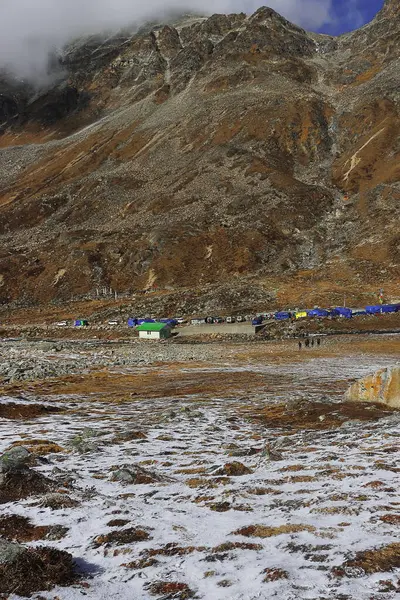 stock image arid alpine mountain barren landscape of north sikkim, high altitude himalayan valley zero point surrounded by snowcapped mountains, sikkim in india