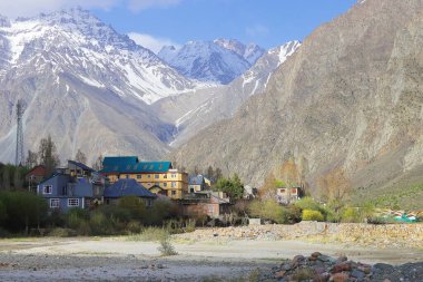 Manzaralı Jispa köyü, karla kaplı himalaya dağları ve Hindistan 'ın Himachal Pradesh kentindeki Lahaul bölgesindeki yemyeşil Bhaga Nehri vadisi.