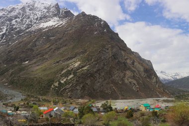 Manzaralı Jispa köyü, karla kaplı himalaya dağları ve Hindistan 'ın Himachal Pradesh kentindeki Lahaul bölgesindeki yemyeşil Bhaga Nehri vadisi.