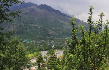 Sisli ve bulutlu yemyeşil orman ve Himalaya dağlarının eteklerinden Kullu Bölgesi 'ndeki Manali tepesi manzarası, Himachal Pradesh, Hindistan